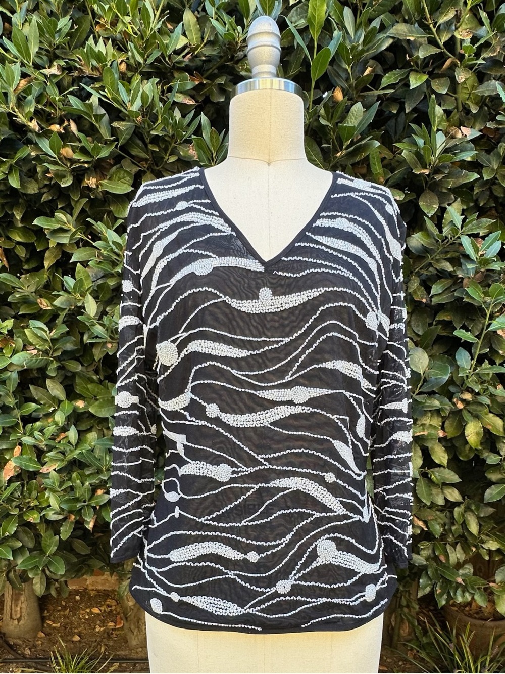 Escada mesh top with shimmering beaded wave pattern - Size 40